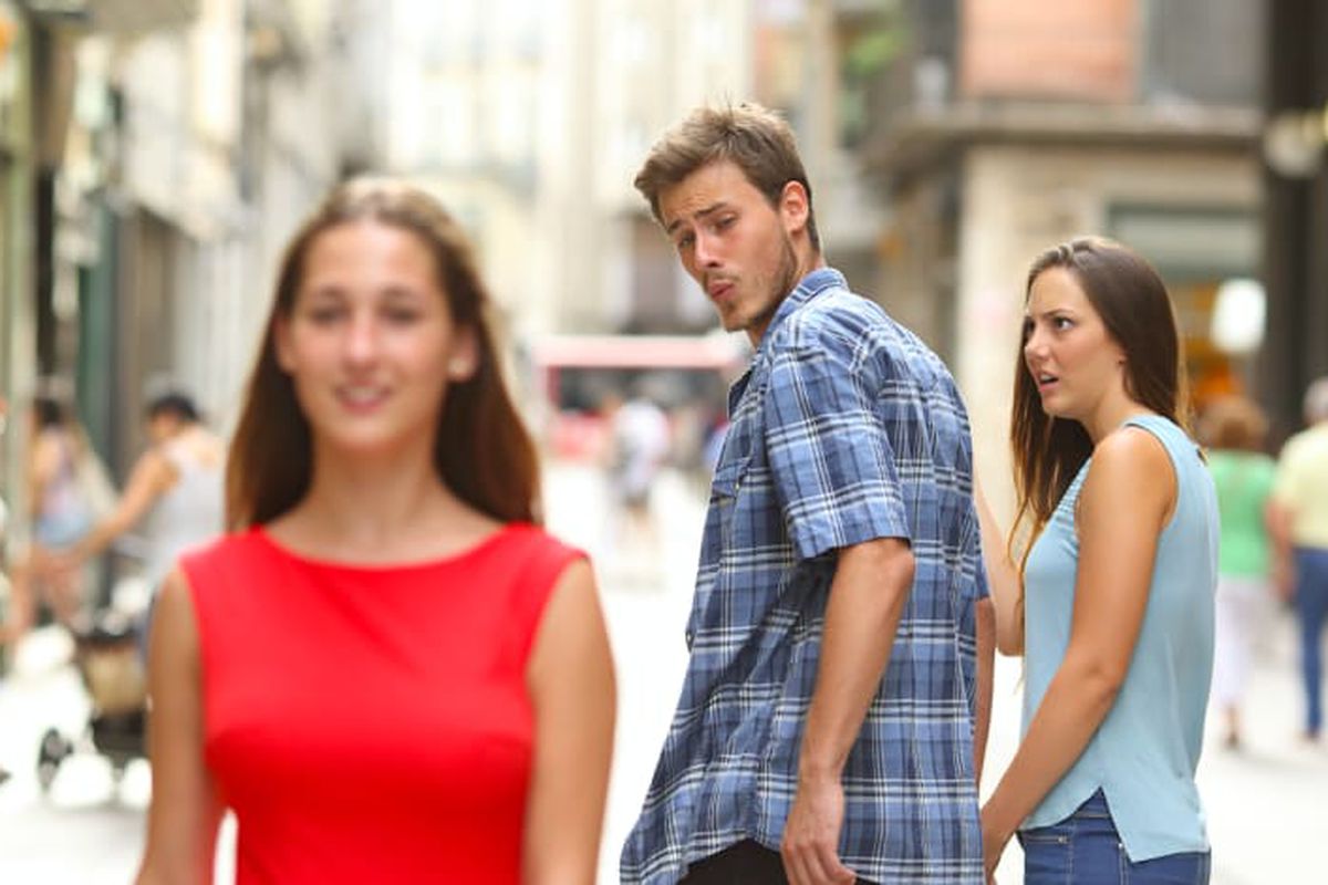 Distracted Boyfriend meme about Glossier