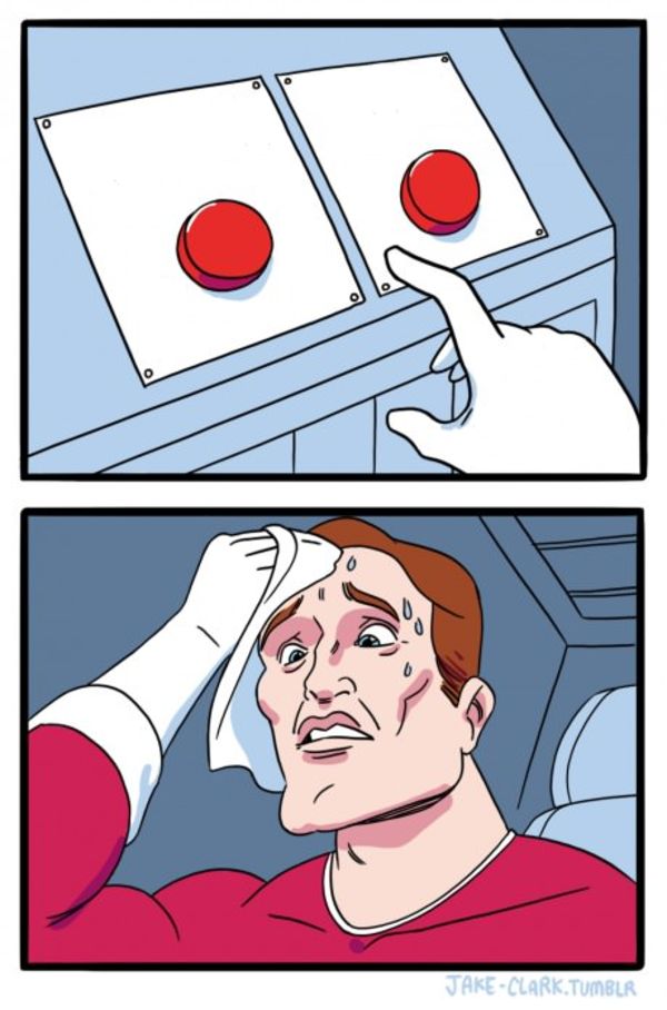 Two Buttons meme about Glossier