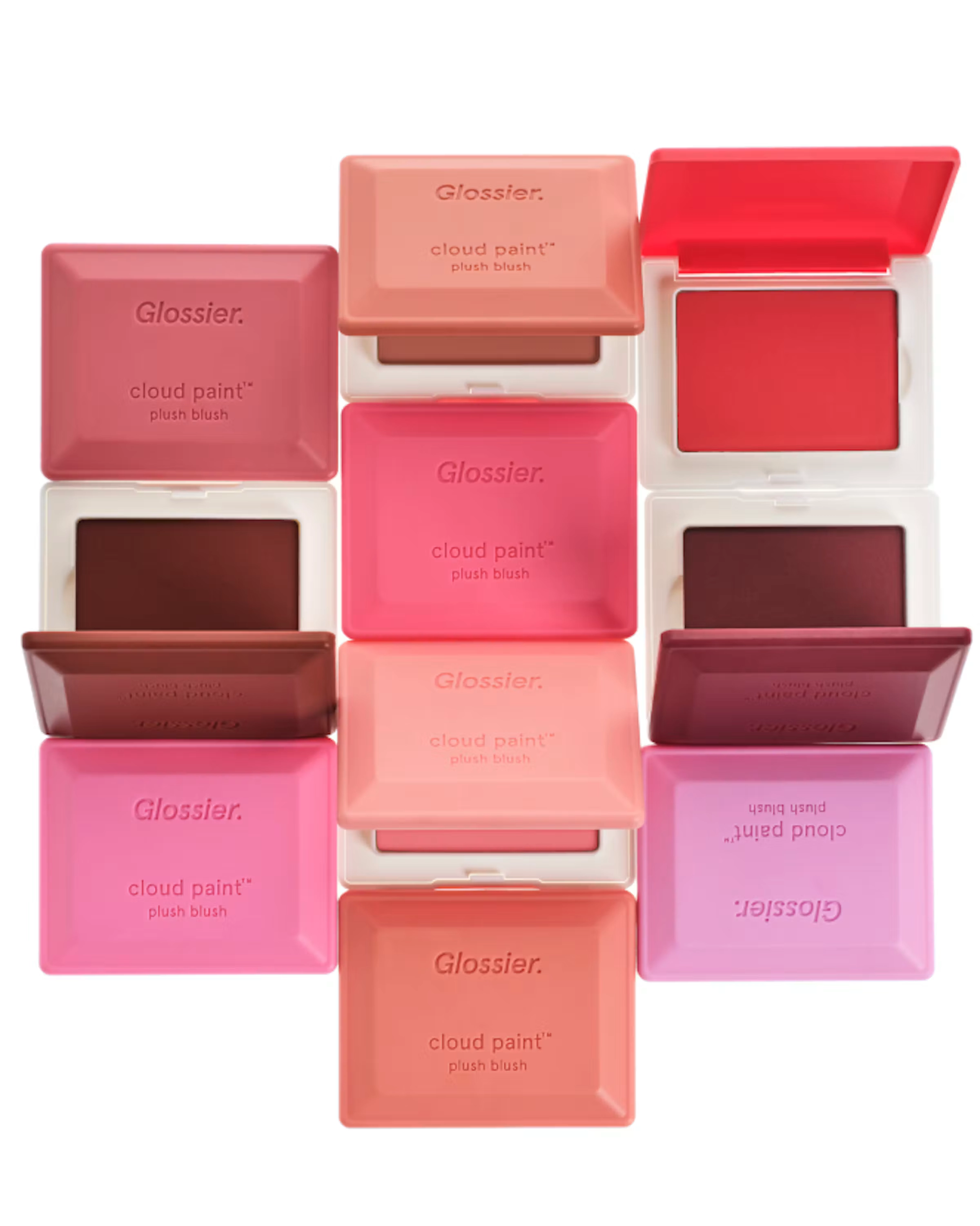 Cloud Paint Plush Blush compacts arranged in a pink and red grid