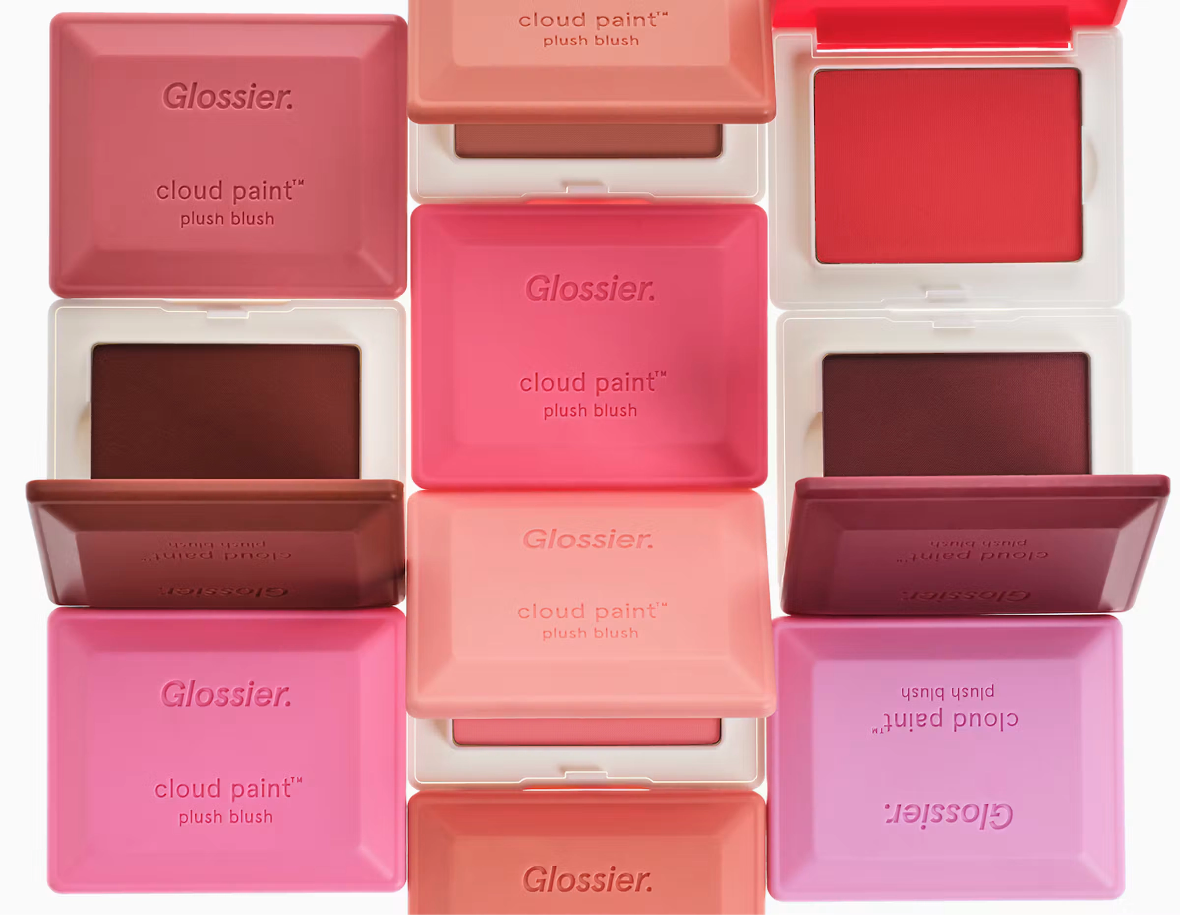 Cloud Paint Plush Blush compacts in a grid of reds and pinks