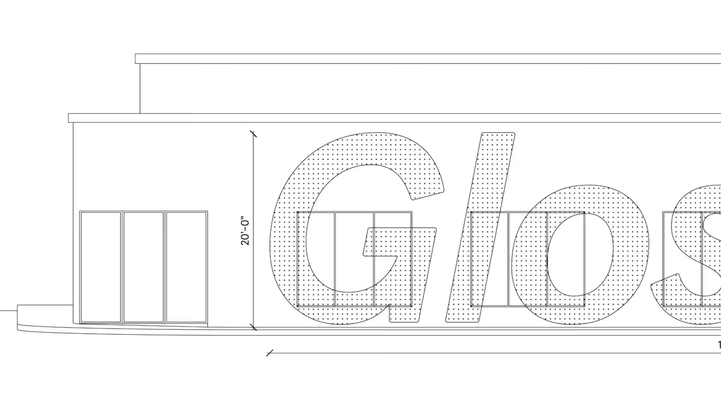Architectural line drawing of a Glossier storefront with the wordmark on the facade
