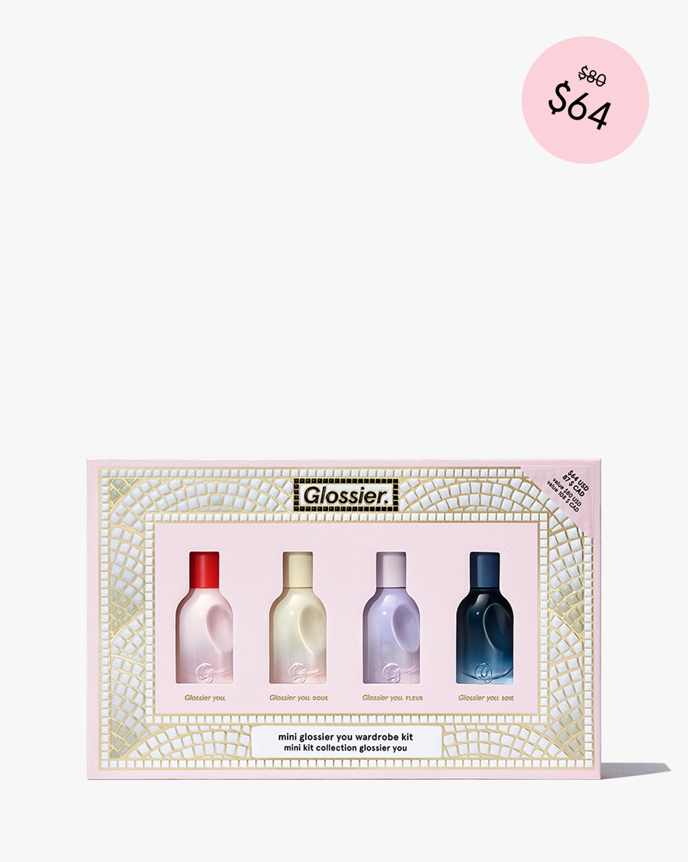 Mini Glossier You Wardrobe Kit box with four miniature bottles