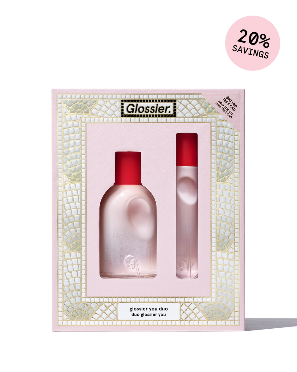 Glossier You Duo gift box with two bottles in mosaic packaging