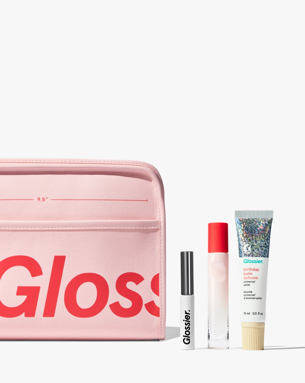 The Glossier Icons set with a pink pouch and three products