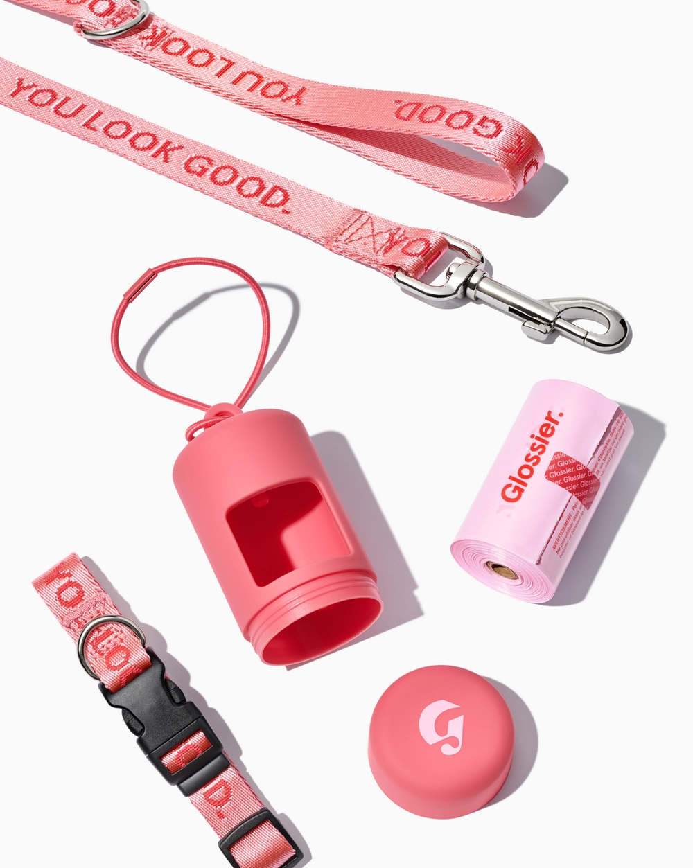 You Look Good Pet Set: a pink leash, collar, waste bag holder and bags